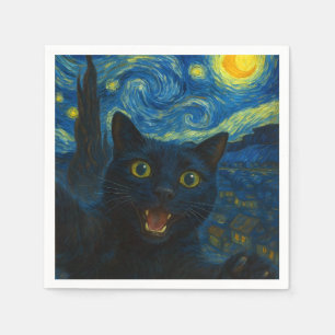 Black Cat Starry Night Van Gogh Cat Selfie  Napkins