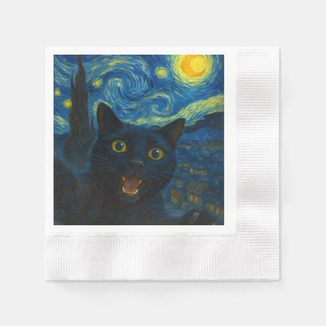 Black Cat Starry Night Van Gogh Cat Selfie  Napkins (Front)