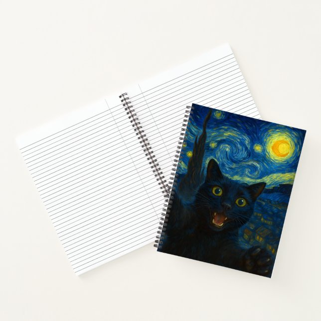 Black Cat Starry Night Van Gogh Cat Selfie  Notebook (Inside)