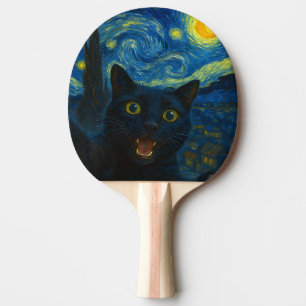 Black Cat Starry Night Van Gogh Cat Selfie Ping Pong Paddle