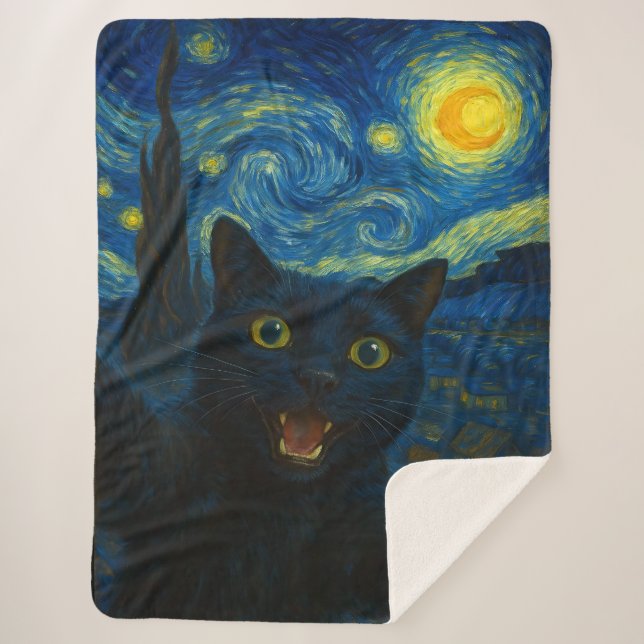 Black Cat Starry Night Van Gogh Cat Selfie  Sherpa Blanket (Front)
