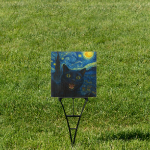 Black Cat Starry Night Van Gogh Cat Selfie Sign