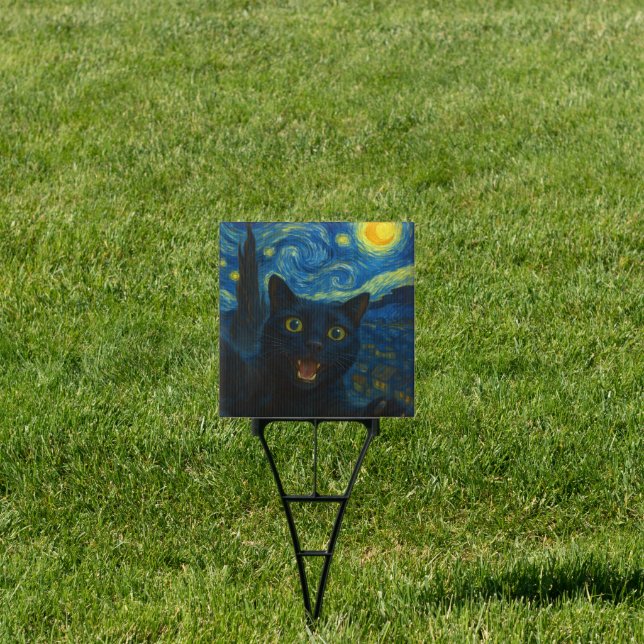 Black Cat Starry Night Van Gogh Cat Selfie  Sign (Insitu)