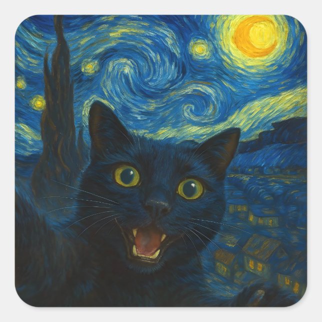 Black Cat Starry Night Van Gogh Cat Selfie  Square Sticker (Front)