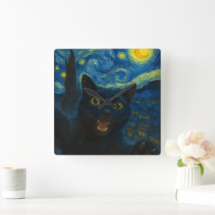 Black Cat Starry Night Van Gogh Cat Selfie Square Wall Clock