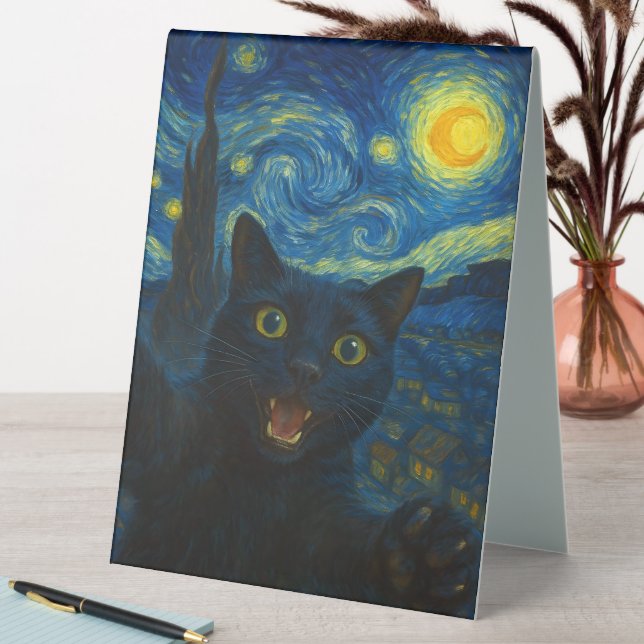 Black Cat Starry Night Van Gogh Cat Selfie  Table Tent (In SItu (Table))