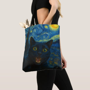 Black Cat Starry Night Van Gogh Cat Selfie Tote Bag