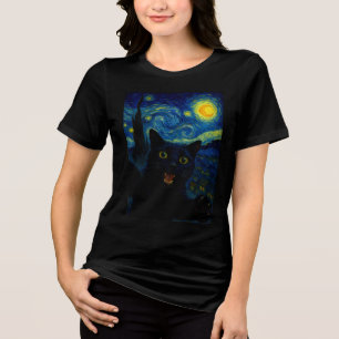 Black Cat Starry Night Van Gogh Cat Selfie Tri-Blend Shirt