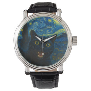 Black Cat Starry Night Van Gogh Cat Selfie  Watch