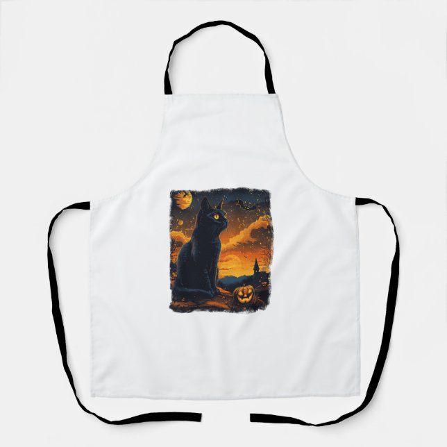 Black Cat Starry Night Van Gogh Pumpkins Bats Hall Apron (Front)
