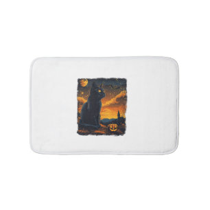 Black Cat Starry Night Van Gogh Pumpkins Bats Hall Bath Mat