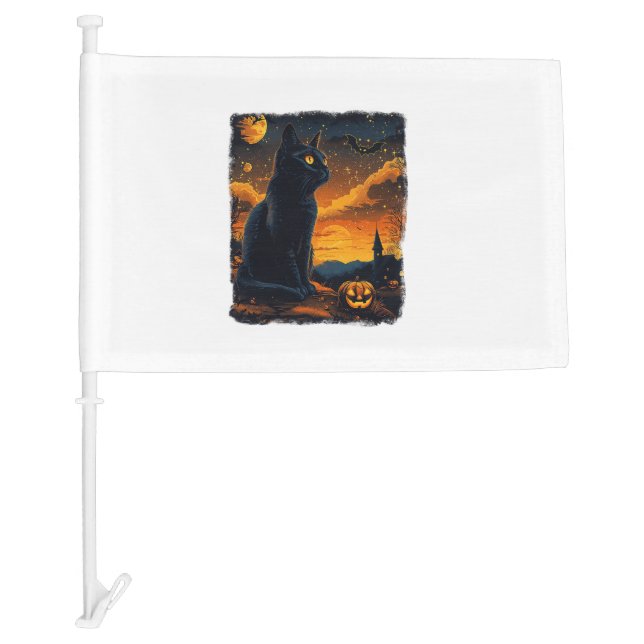 Black Cat Starry Night Van Gogh Pumpkins Bats Hall Car Flag (Front)