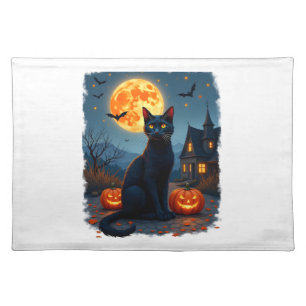 Black Cat Starry Night Van Gogh Pumpkins Bats Hall Cloth Placemat