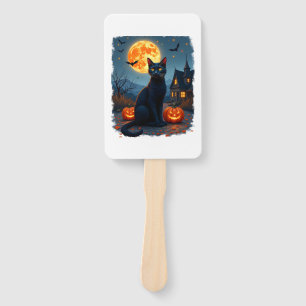 Black Cat Starry Night Van Gogh Pumpkins Bats Hall Hand Fan