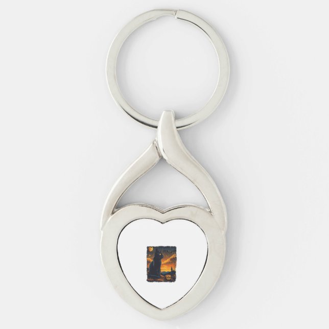 Black Cat Starry Night Van Gogh Pumpkins Bats Hall Keychain (Front)