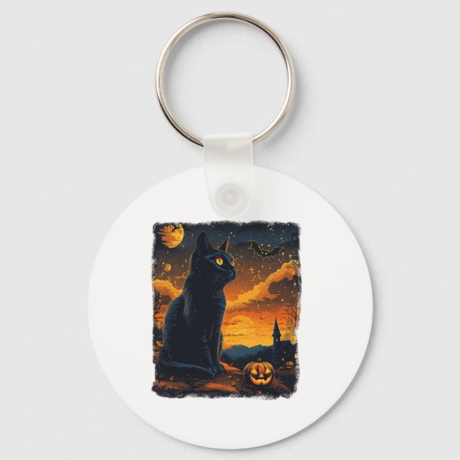 Black Cat Starry Night Van Gogh Pumpkins Bats Hall Keychain (Front)