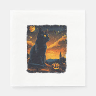 Black Cat Starry Night Van Gogh Pumpkins Bats Hall Napkins