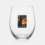 Black Cat Starry Night Van Gogh Pumpkins Bats Hall Stemless Wine Glass<br><div class="desc">Black Cat Starry Night Van Gogh Pumpkins Bats Halloween Crew</div>
