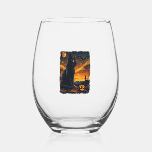 Black Cat Starry Night Van Gogh Pumpkins Bats Hall Stemless Wine Glass