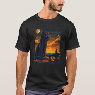 Black Cat Starry Night Van Gogh Pumpkins Bats Hall T-Shirt