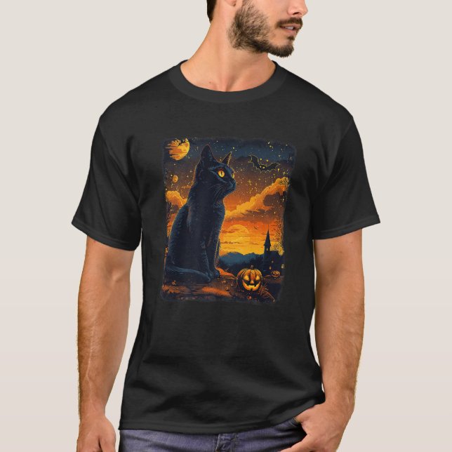 Black Cat Starry Night Van Gogh Pumpkins Bats Hall T-Shirt (Front)