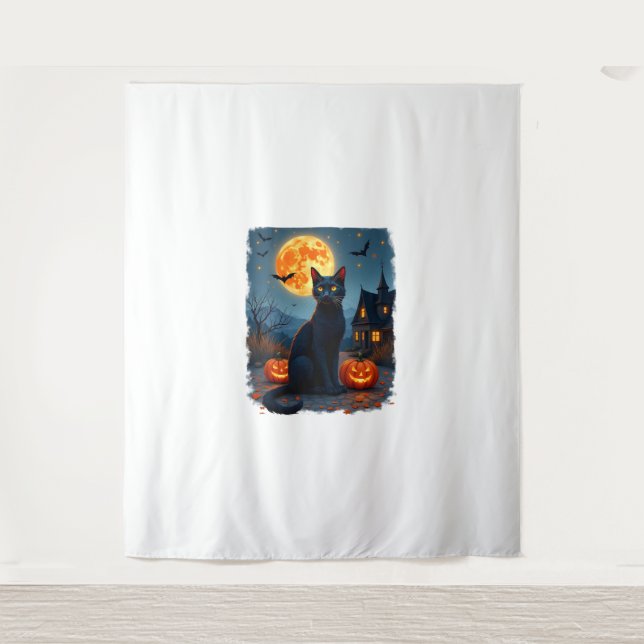 Black Cat Starry Night Van Gogh Pumpkins Bats Hall Tapestry (Front)