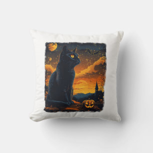 Black Cat Starry Night Van Gogh Pumpkins Bats Hall Throw Pillow