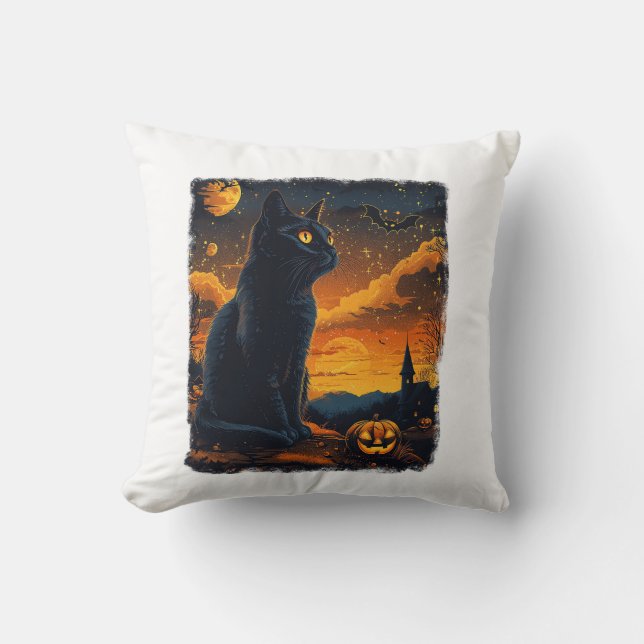 Black Cat Starry Night Van Gogh Pumpkins Bats Hall Throw Pillow (Front)