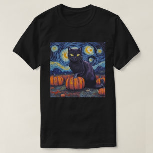 Black Cat Starry Night Van Gogh Style Art Pumpkin T-Shirt