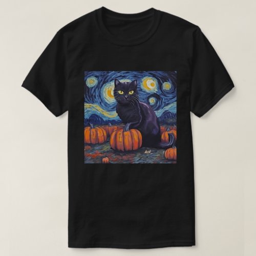 Black Cat Starry Night Van Gogh Style Art Pumpkin  T_Shirt