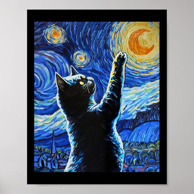 Black Cat Starry Night Vincent Van Gogh Halloween  Poster (Front)