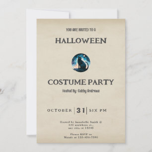 Black Cat Starry Night Vintage Halloween Invitation