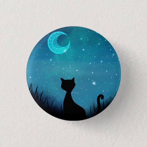 black cat starry sky crescent moon  button