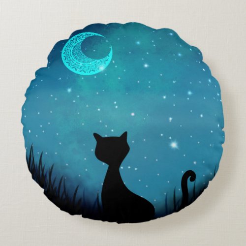 black cat Starry sky Round Pillow