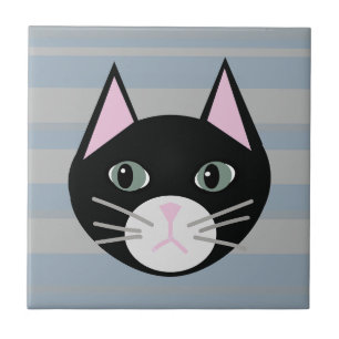 Black Cat, Stripes Ceramic Tile