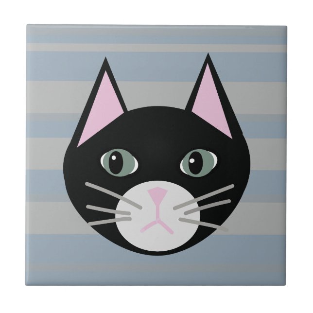 Black Cat, Stripes Ceramic Tile (Front)