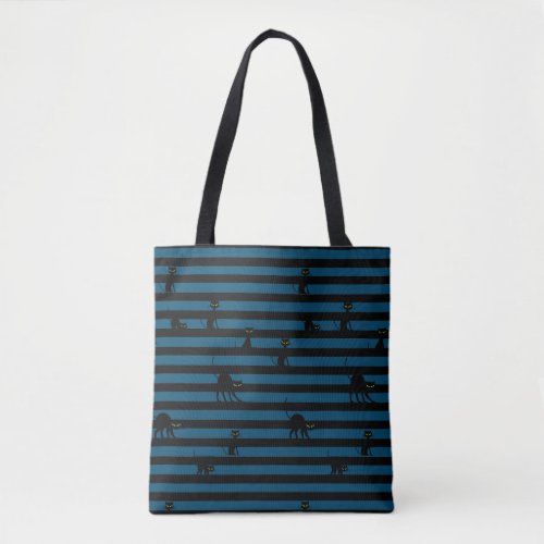 Black Cat  Stripes Chic Cat Lovers Blue Tote Bag