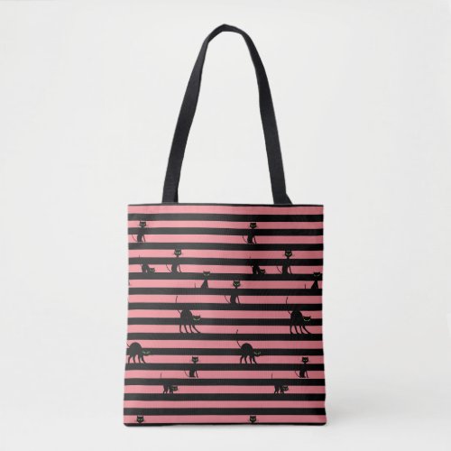 Black Cat  Stripes Chic Cat Lovers Pink Tote Bag