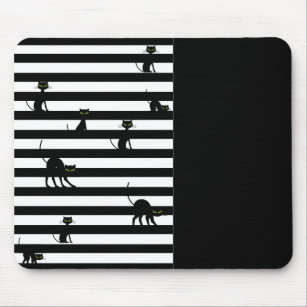 Black Cat & Stripes Color Block Black Mouse Pad