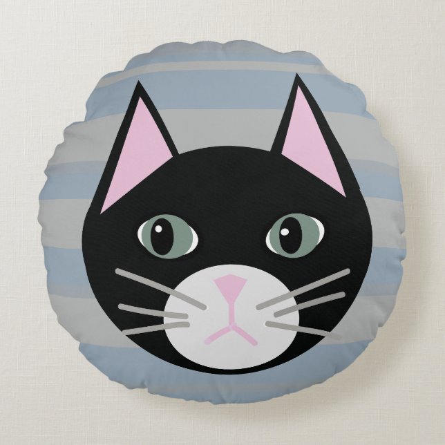 Black Cat, Stripes Round Pillow (Front)