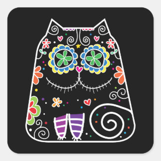 Black Cat Sugar Skull Square Sticker
