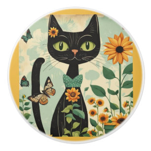 Black cat, sunflowers, butterflies, native art ceramic knob