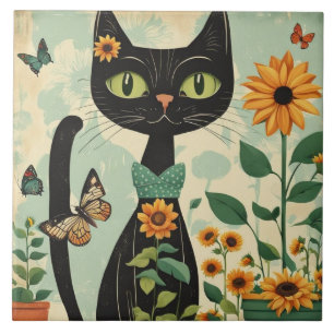 Black cat, sunflowers, butterflies, native art ceramic tile