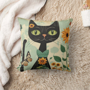 Black cat, sunflowers, butterflies, native art throw pillow