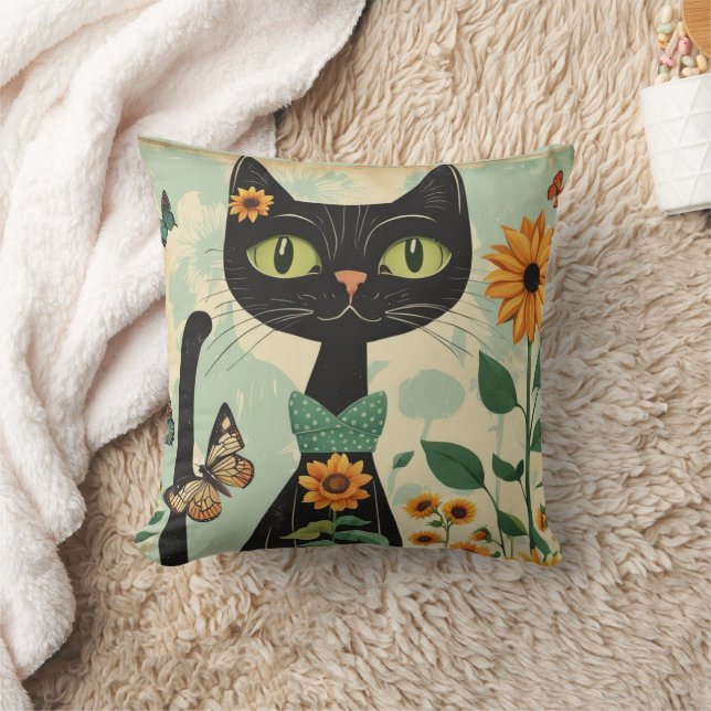 Black cat, sunflowers, butterflies, native art throw pillow (Blanket)