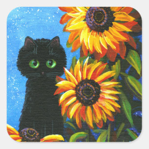 Black Cat Sunflowers Creationarts Square Sticker