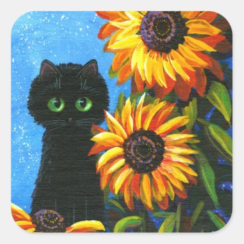 Black Cat Sunflowers Creationarts Square Sticker by Creationarts at Zazzle
