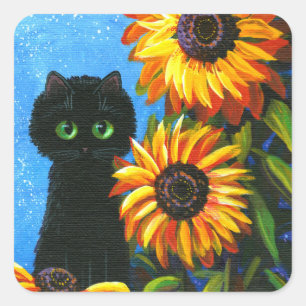 Black Cat Sunflowers Creationarts Square Sticker
