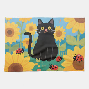 Black Cat Sunflowers Ladybugs Kitchen Towel
