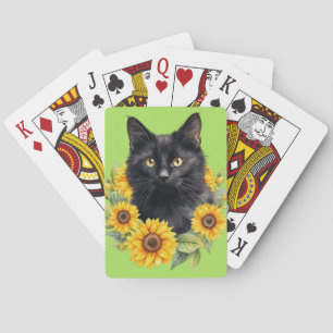 Black Cat Sunflowers Lime Green Poker Cards